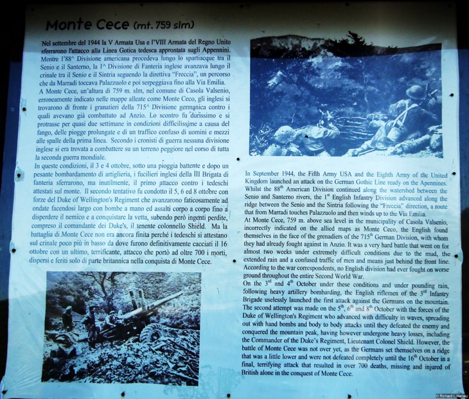 Battle site information board at Monte Cece, Italy